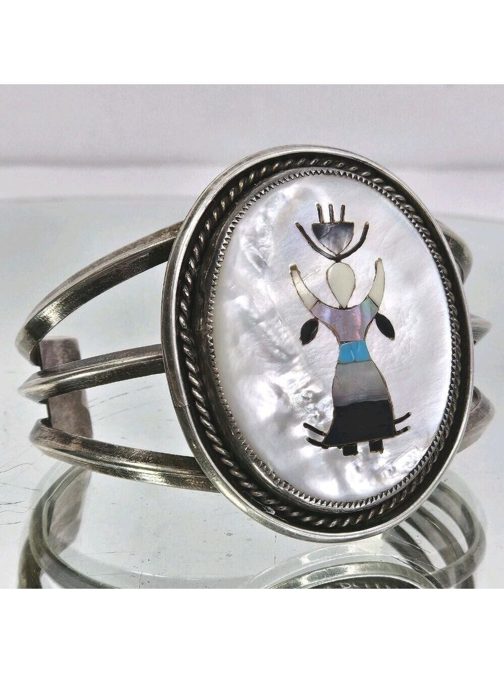 Dancing Kachina Zuni Mother Of Pearl Sterling Silver Cuff Bracelet Native S.H.